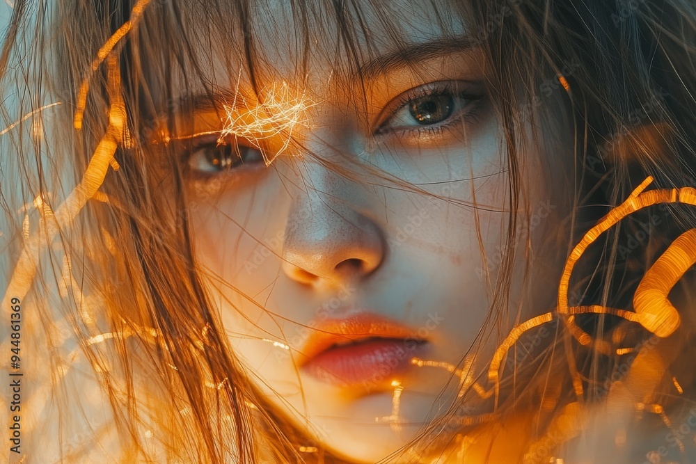 Canvas Prints thoughtful woman with glowing orange lights on her face symbolizing the fusion of human emotion and 