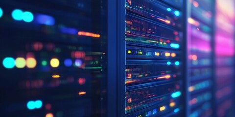 a cloud server rack with data lights blinking, representing the ongoing digital transformation in data management