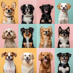 Diverse Worldwide Dog Breeds Collage on Pastel Color Backgrounds