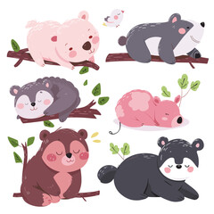 Cute illustrated baby animals, including bears and rats, peacefully sleeping on tree branches and ground.