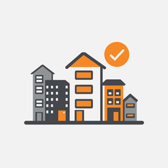 Fototapeta premium Simple vector illustration of residential buildings in orange and gray colors with a checkmark symbol.