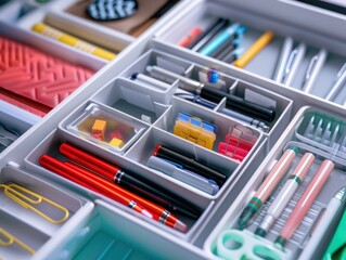 Effortless Office Organization: Neatly Arranged Desk Drawer with Pens, Paper Clips, and Sticky Notes for Professional Productivity