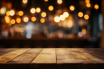 image of wooden table in front of abstract blurred background of resturant lights , ai
