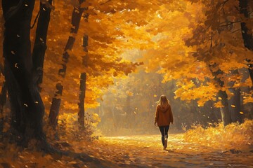 Fototapeta premium A woman walks through a vibrant autumn forest with golden leaves under warm sunlight during a peaceful afternoon