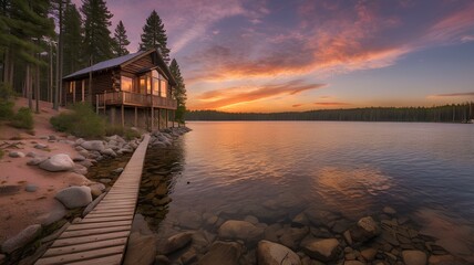 A lake side cabin at dusk