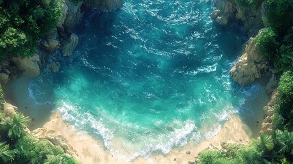 Aerial View of Tropical Cove with Turquoise Water and Lush Vegetation