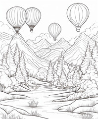 Obraz premium A coloring book page featuring hot air balloons floating over an ancient forest with towering mountains in the background,