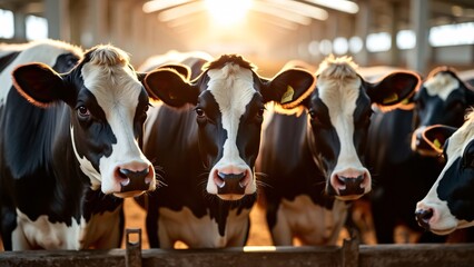 Livestock agriculture industry of cattle. Portrait Holstein Cows in modern farm with sunlight