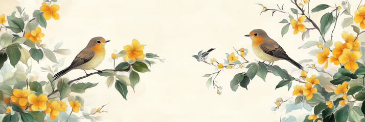 Eastern style illustration, seated birds and yellow flowers. AI generative.