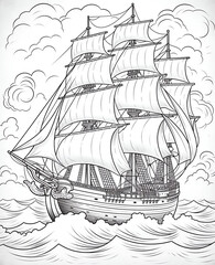 A coloring book page showing an old sailing ship with billowing sails on the high seas, surrounded by clouds and waves.