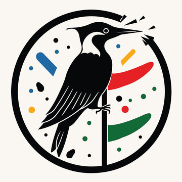 recommend clip art: Stylized woodpecker illustration with colorful geometric shapes inside a circular frame.