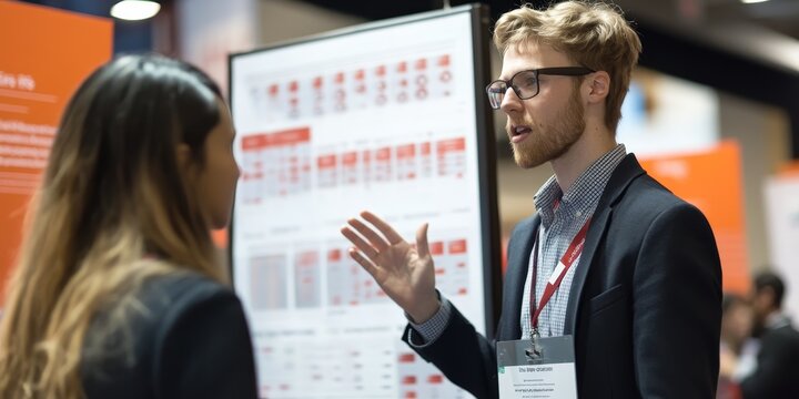 a research poster being presented at a conference, with detailed charts and academic findings on display
