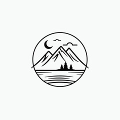 Obraz premium Minimalist black and white line art of mountains, trees, and a crescent moon in a circular design.