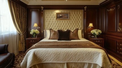 Luxurious Bedroom Interior with Tufted Headboard and Elegant Decor