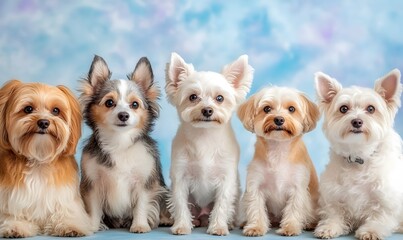 Diverse Adorable Pups in Whimsical Periwinkle Studio Portrait