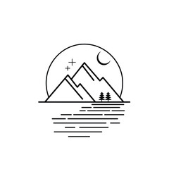 Fototapeta premium Minimalist illustration of mountains with a moon, stars, and trees reflected in still water.