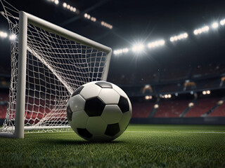 3d rendering soccer ball in goal. soccer ball in net with spotlight  light background Ai generative.