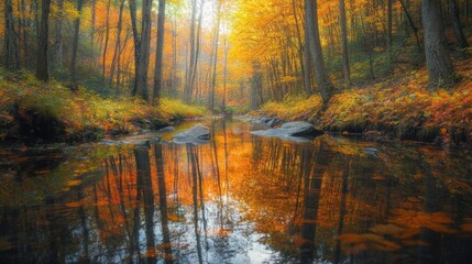 A Still Stream Reflecting Autumnal Colors in a Forest