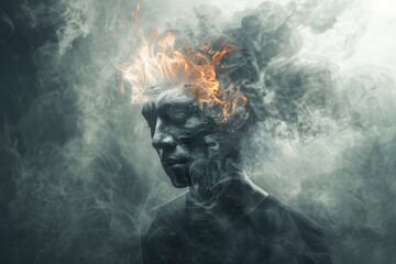 Surreal portrait of a human face engulfed in smoke and flames