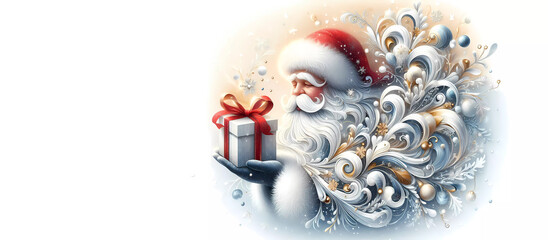 Santa Claus with a white gray beard holds a gift in his hands. Postcard abstraction. Generated AI