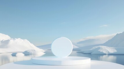 Fototapeta premium Snowy landscape with a prominent 3D podium stage, surrounded by a serene winter wonderland, creating a striking contrast between the stage and the pristine snow.