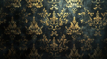 Elegant vintage wallpaper with intricate gold patterns on a dark backdrop.