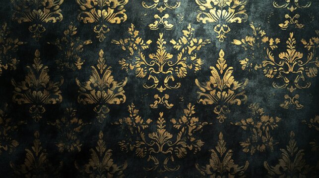 Fototapeta Elegant vintage wallpaper with intricate gold patterns on a dark backdrop.