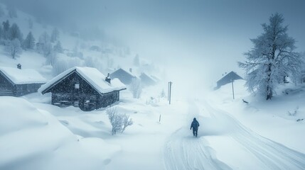 Solitary figure walking through a snowy village during a heavy winter blizzard