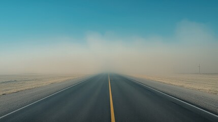 Endless road leading into a dust storm under a clear blue sky in a desert