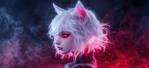 Mysterious anime-style character with glowing red eyes and wild pink hair