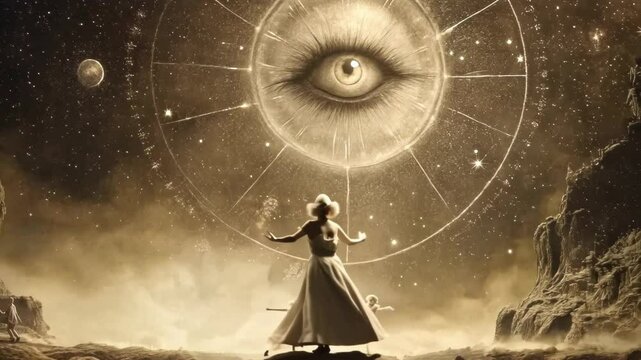 Alchemist figure dances beneath giant celestial eye. Intricate constellations and cosmic symbols surround. Sepia-toned landscape evokes mystical atmosphere. 