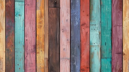 A vibrant wooden wall made of planks in various colors including turquoise, pink, brown, and orange. The texture of the wood is visible, showcasing a rustic and artistic design.