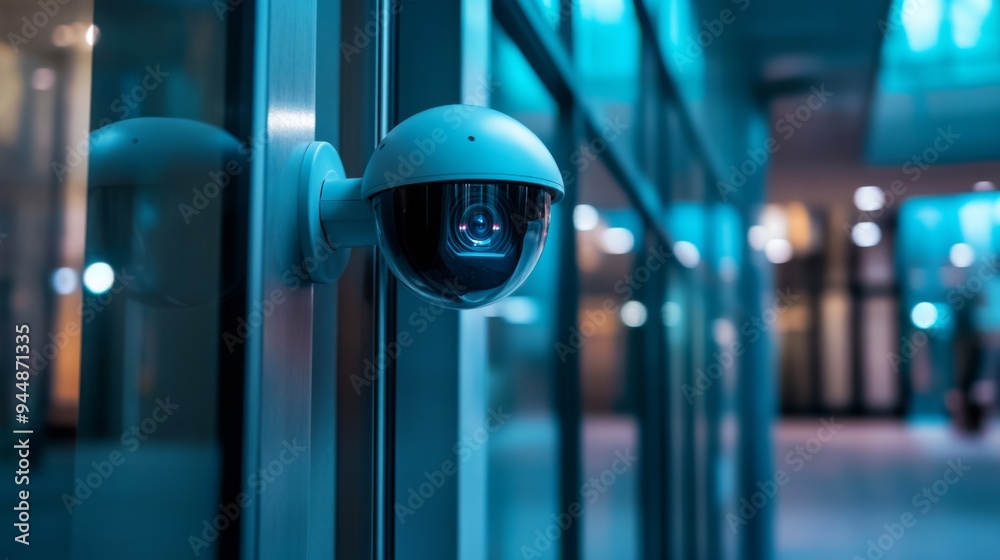 Poster a cctv camera with a protective housing installed near an entrance of a building, capturing a clear 