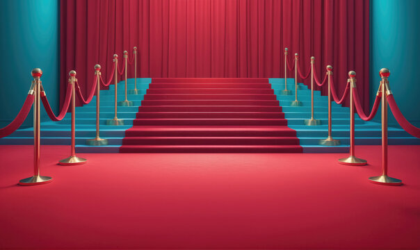 A red carpet with gold stanchions leads up a set of stairs, ready for a special event