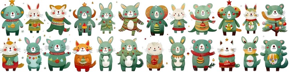 Obraz premium Set of Cute Christmas Animals in Festive Outfits with Holiday Decorations
