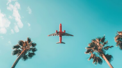 Naklejka premium Airplane soaring over palm trees, tropical landscape, clear blue sky, vibrant green foliage, serene travel atmosphere, summer vibes, sense of adventure and exploration
