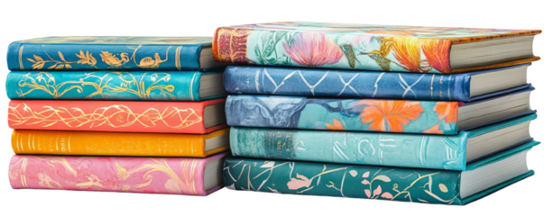 A vibrant stack of ornate books showcasing colorful covers, perfect for themes of literature, art, and creativity.