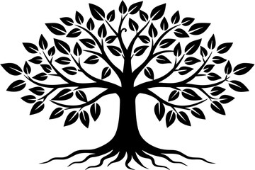 Obraz premium Tree with leaves and roots silhouette vector illustration