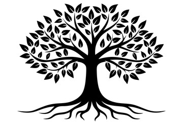 Tree with leaves and roots silhouette vector illustration