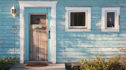 Weathered Blue Wooden House with a Door and Windows