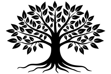 Tree with leaves and roots silhouette vector illustration