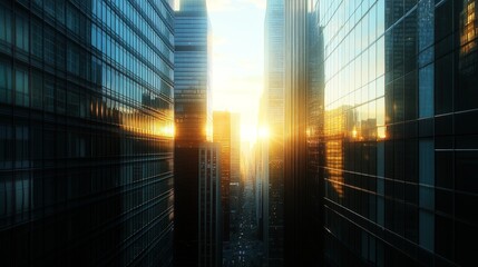 A city skyline with the sun emerging between tall buildings, creating a contrast of shadows and light, and reflecting off the windows of the high-rises.
