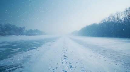A Frozen Lake Landscape with Snowfall and Trees, Capturing the Quiet Beauty of Winter