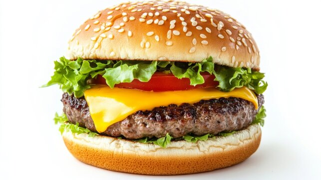 recommend clip art: A classic cheeseburger with a juicy beef patty, melted cheese, lettuce, and tomato, served on a sesame seed bun, against a clean white background.