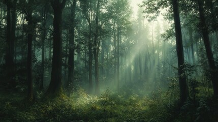 Obraz premium Sunbeams Illuminating a Foggy Forest Path