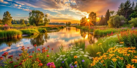 Obraz premium vibrant summer wildflowers riotous colors lush verdant wetlands habitat warm golden light soft focus dreamy atmosphere serene tranquil water secluded riverside escape