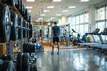 Fototapeta premium A man is walking in a gym with many weights and exercise equipment