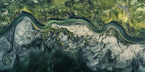 a river?s meandering path through a floodplain, illustrating the dynamic processes of Earth?s surface