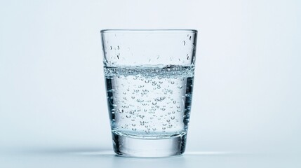 A clear glass of water with droplets on its surface, set against a pure white background, capturing the simplicity and freshness of hydration.