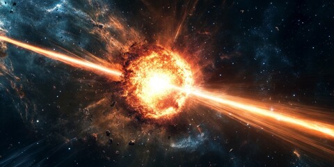 a gamma-ray burst, with intense beams of energy shooting out from a distant galaxy, showcasing the power of cosmic events
